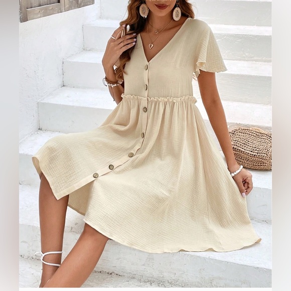 Boho Frenchy Button Front Frill Trim Smock Dress - Picture 4 of 9